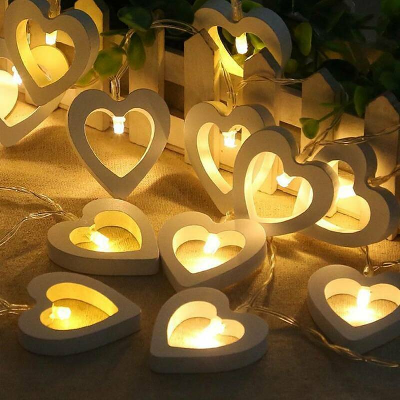10 LED سلسلة الجنية أضواء مصباح القلب الخشبي لحديقة حفل زفاف لمبات عيد الميلاد زخرفة عام جديد سعيد