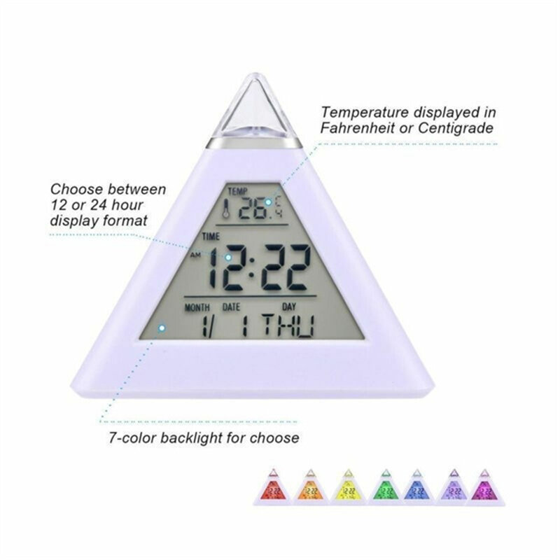 الهرم LCD المنبه ساعة الطاولة ميزان الحرارة ساعة طاولة رقمية 7 ألوان الخلفية للتغيير ساعة ليد ضوء الليل المنزل