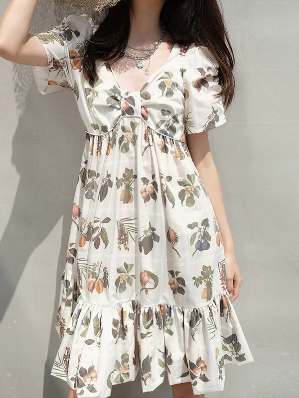 2020 جديد الصيف المرأة فستان مُزين بطباعة اليابانية والكورية كلية نمط الخامس الرقبة فقاعة الأكمام موضة تنورة طويلة A2167 #