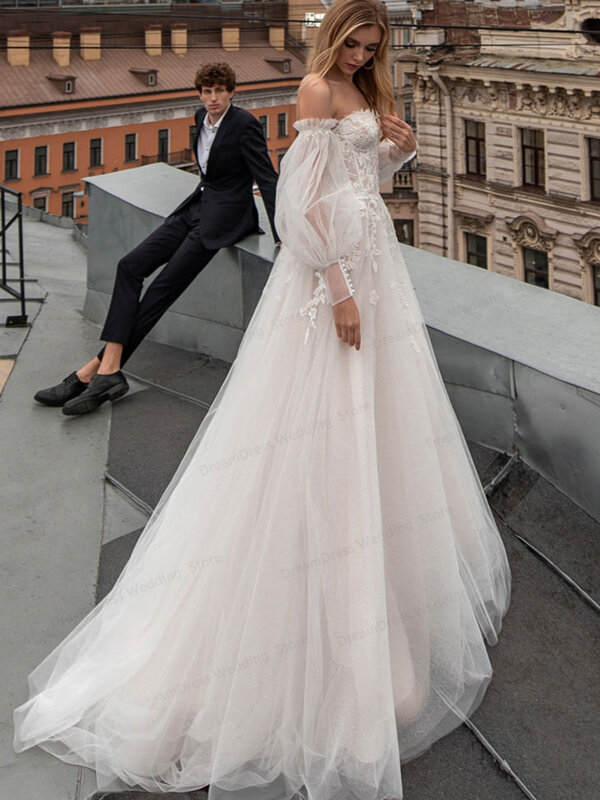 رائعة الخامس الرقبة فساتين زفاف دانتيل زينة نفخة الأكمام 2021 للنساء الكرة ثوب الطابق طول مخصص لينة تول مثير