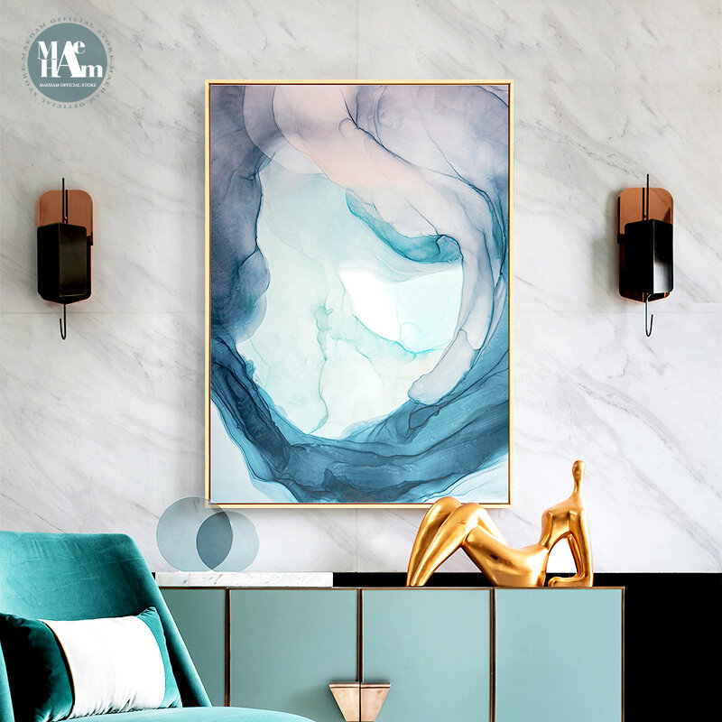 لوحة فنية جدارية مع سحابة زرقاء ، لوحة تجريدية مع نسيج بألوان مائية وخطوط ، ملصق فني ، صورة مطبوعة لتزيين غرفة المعيشة