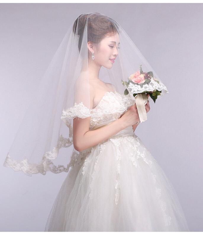 الحجاب الزفاف قصيرة الدانتيل حافة زين طبقة واحدة الحجاب الزفاف مع مشط فيلو دي نوفيا