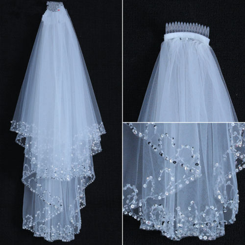 طول الكوع أبيض/عاجي 2T مزدوج طبقات الحجاب الزفاف الزفاف مع الخرز