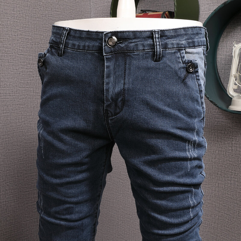 الشارع موضة الرجال الجينز ريترو الأزرق مطاطا سليم صالح ممزق جينز الرجال الكورية نمط Vintage مصمم عادية الدينيم سروال شكل قلم رصاص