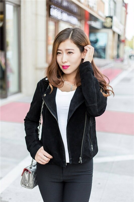 Srping-معطف جلد أصلي للنساء ، ملابس غير رسمية ، نحيف ، أسود ، جودة عالية