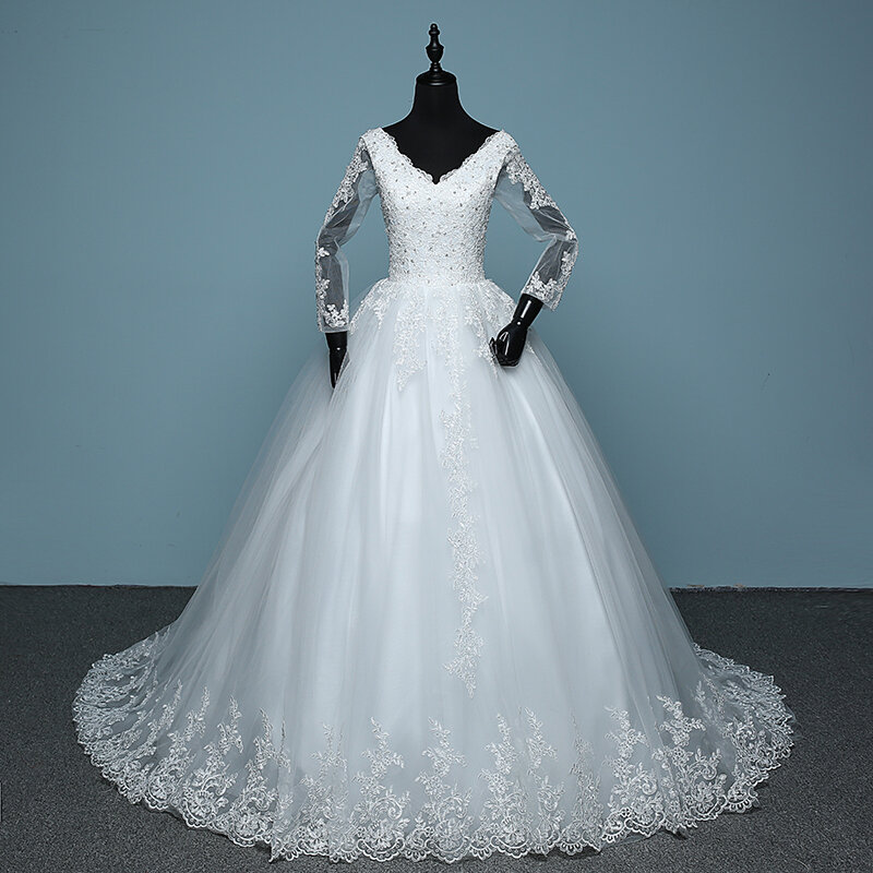 2020 فستان زفاف عالي الجودة كم طويل رقبة على شكل حرف v ثوب ذيل دانتيل رداء دي ماري صور حقيقية زفاف
