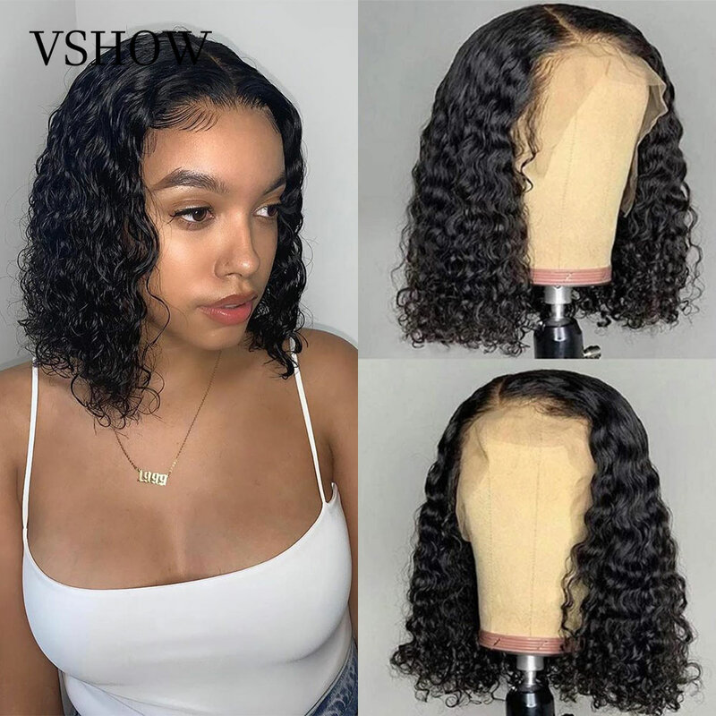Short Curly Bob Human Hair Wigs For Women Brazilian Deep Wave Frontal Wig  Water Wave transparent lace frontal Closure wig VSHOW
