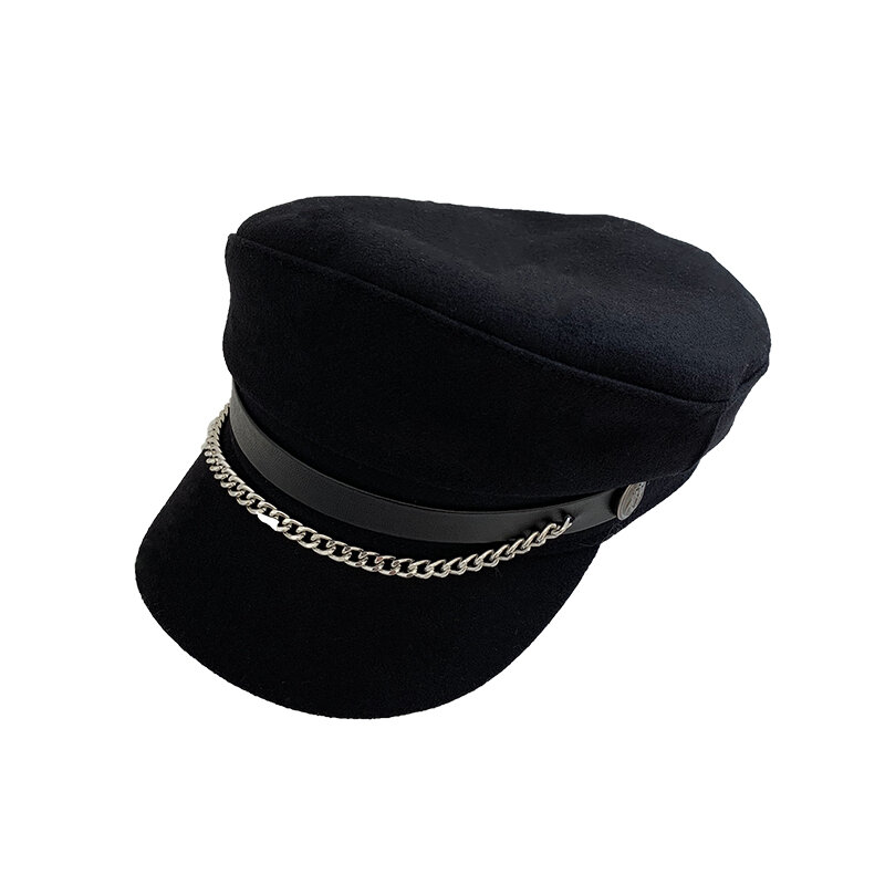 قبعة الإناث الخريف الشتاء سلاسل قبعة مثمنة Ins الإنترنت الشهيرة و Vintage الكورية البريطانية جميع مطابقة الصوفية بيلي البحرية