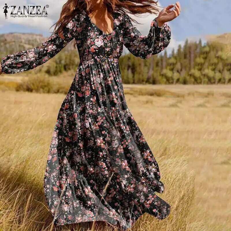 2021 المرأة البوهيمي فساتين مُزينة بطباعة ZANZEA الخريف نفخة الأكمام كشكش ماكسي Vestidos المتضخم عطلة عادية رداء فام 7