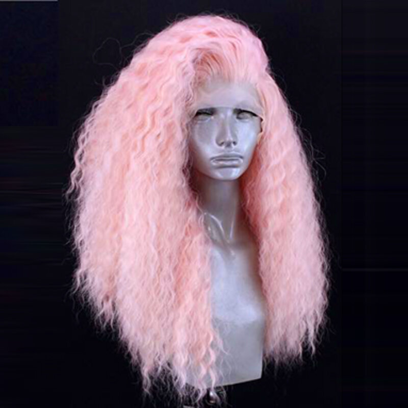 اللون الوردي نطاط شعر مستعار مجعد ارتفاع درجة الحرارة الألياف 13X4 الطبيعية الاصطناعية الدانتيل شعر مستعار أمامي للنساء منزوع الطبيعية شعري