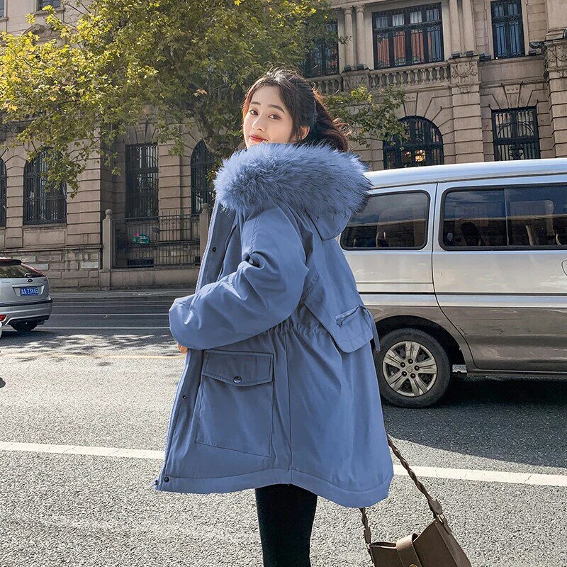 الشتاء المرأة معطف دافئ 2021 جديد الكورية نمط المخملية الفراء طوق منتصف طول سترة سستة الصلبة البساطة السيدات معطف