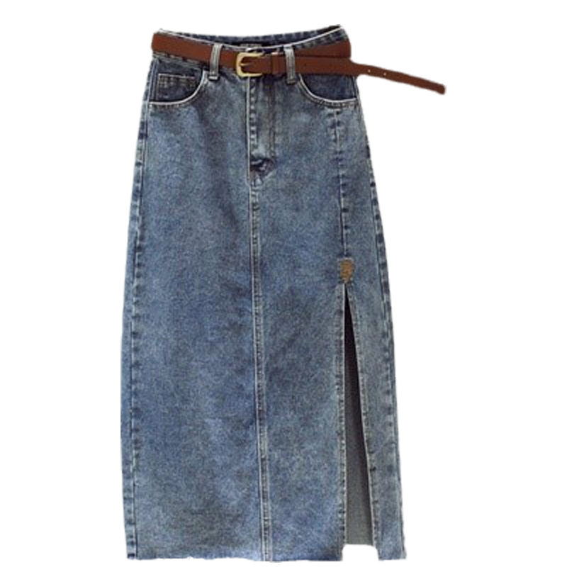 تنورة عالية الخصر من قماش الدنيم للخريف ملابس نسائية للشارع مع جيوب مزودة بحزام تنورة جينز غير رسمية بطول الساق للسيدات 2021