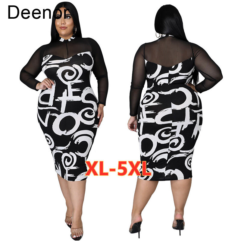 Deenor حجم كبير الموضة المطبوعة منظور الشاش شبكة مخيط فستان برقبة مستديرة للنساء أنيقة فساتين طويلة الأكمام
