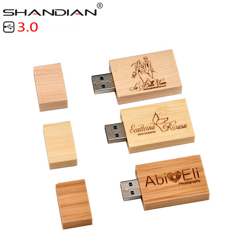 SHANDIAN USB 3.0 خشبي usb مع صندوق محرك فلاش USB, رقائق الخشب ، بن درايف 4GB 16G 32GB 64GB creativo 1 قطعة شعار مجاني