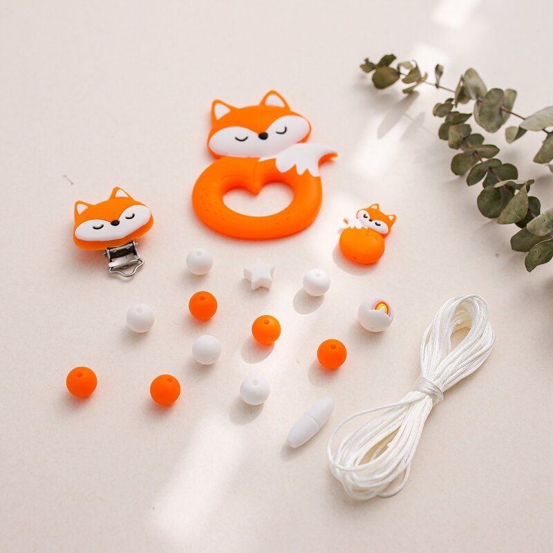 Silicone Beads Baby Teether Necklace Toy BPA Free Fox Teether Animal Beads DIY Accessories Set Pacifier Chain Clips Nylon Rope