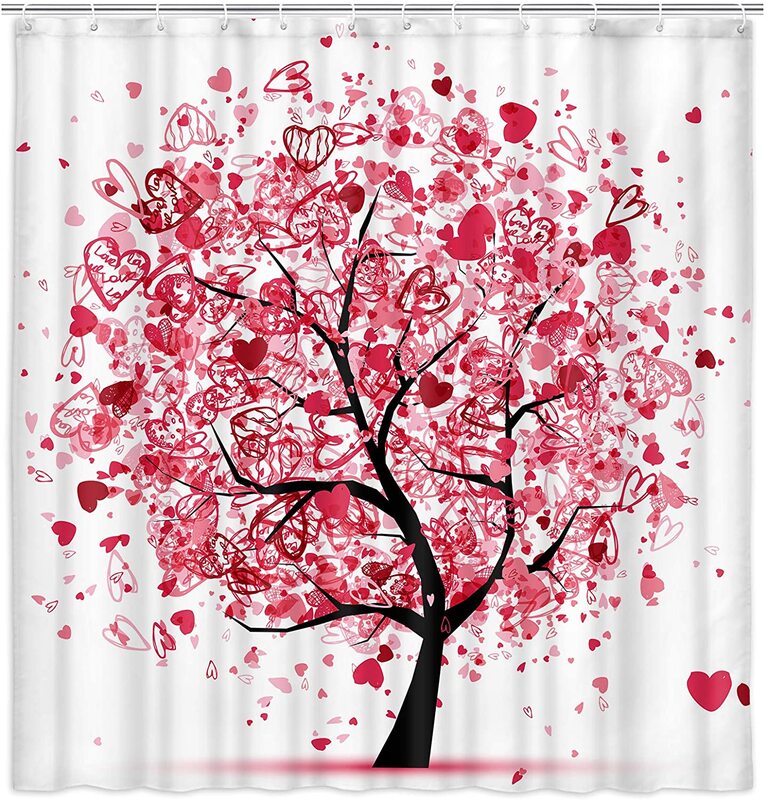 شجرة الحياة دش الستار شجرة عيد الحب مع قلوب الوردي خربش زينت المنزل الحمام البوليستر الستائر مجموعة مع السنانير