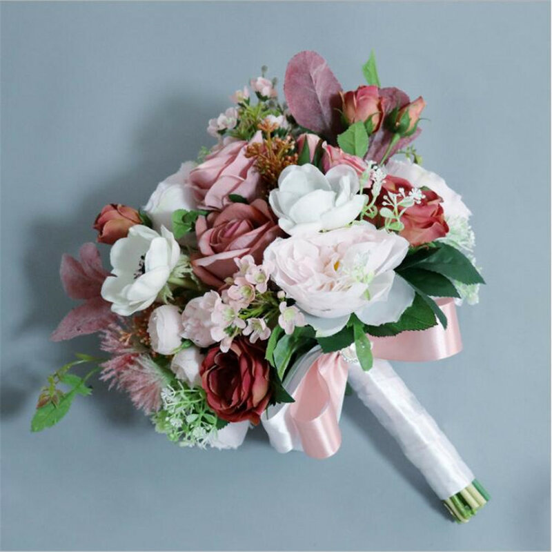 باقات الزفاف الوردية الفاوانيا الرومانسية ، خمر ، الفاوانيا ، الحرير ، العرائس ، الزهور #2