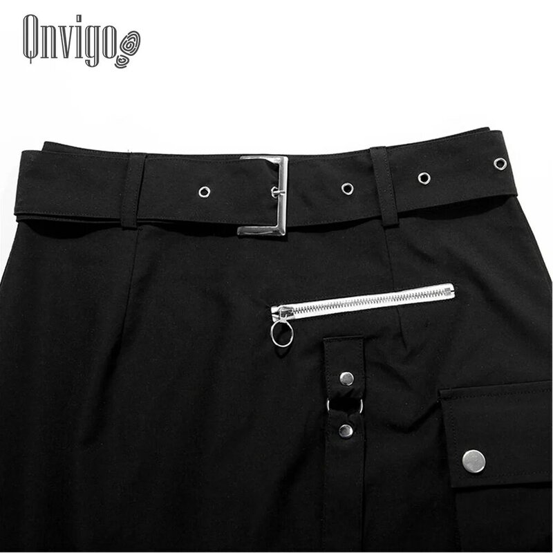 Qnvigo تنورة صغيرة على شكل حرف a أسود Ins مشبك نحيف قابل للتعديل عالية الخصر التنانير القصيرة جيب كبير الإناث 2020 تنورة الصيف الجديدة