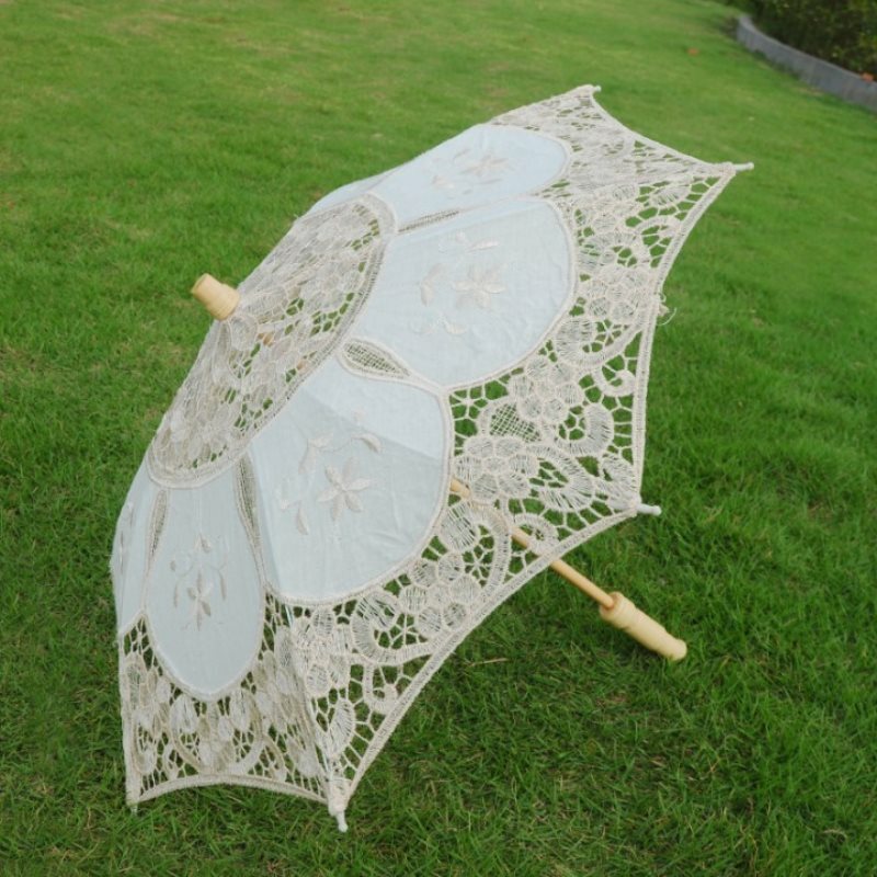 الأبيض البيج الدانتيل مظلة واقية من الشمس الزفاف أنيقة القطن التطريز مظلة