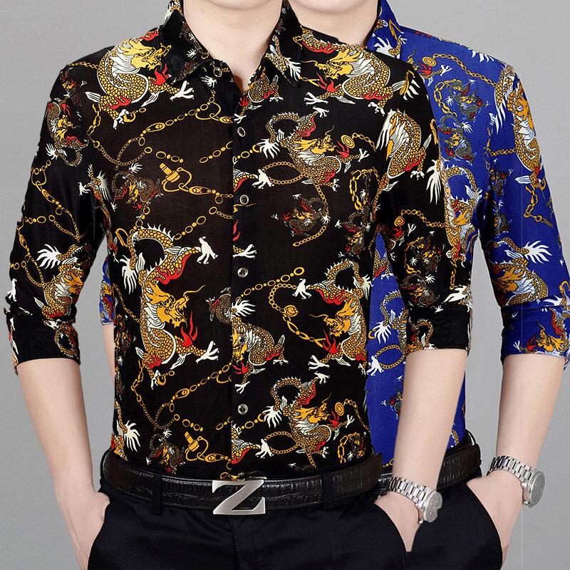 النمط الصيني قميص رجالي غير رسمي الذكور طويلة الأكمام الاتجاه الكورية الطباعة الساخن الذهبي التنين طبعة الرجال البرنز قميص