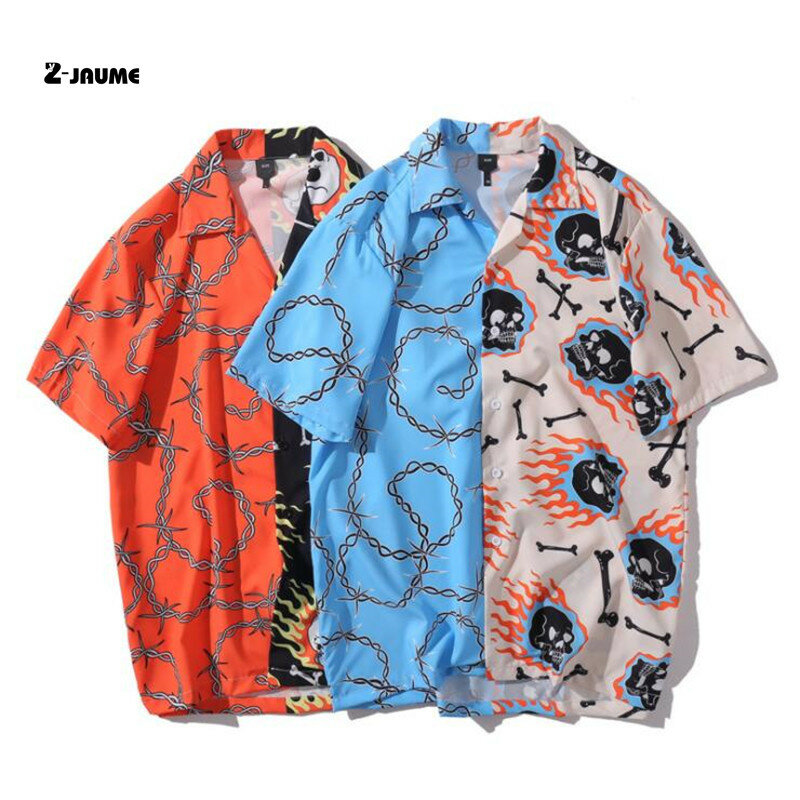 قميص هاواي للرجال ، ملابس الشارع ، الهيب هوب ، Harajuku ، سلسلة النار ، نمط الهيب هوب ، الصيف ، 2021