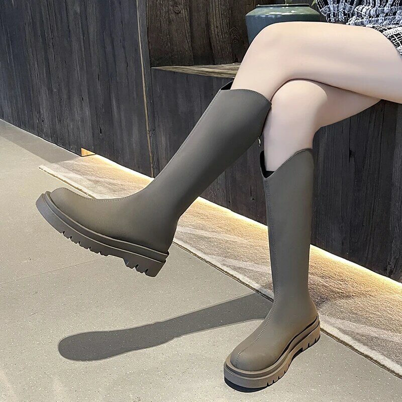 المرأة حذاء برقبة للركبة لينة الجلود سستة السيدات أحذية الشتاء أحذية طويلة منصة الأحذية امرأة موضة الأحذية الدافئة 2022