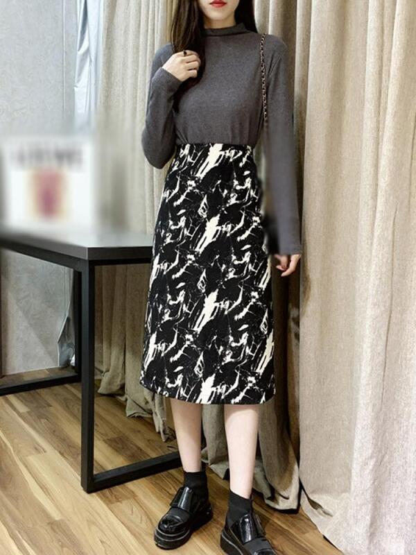 خريف جديد السيدات الكورية موضة ريترو عادية طلاء حبر شخصية طباعة عالية الخصر انقسام منتصف طول تنورة