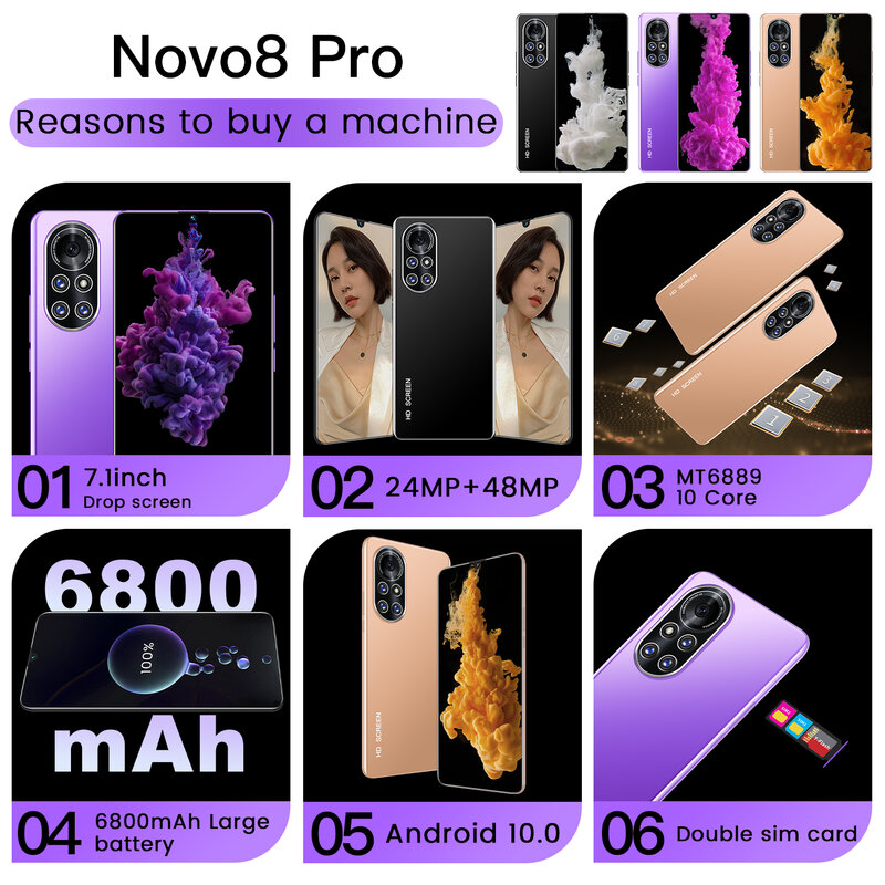 Nowa 8 Pro هاتف خلوي أندرويد 10.0 بشريحتين هاتف ذكي غير معروف شاشة 7.1 بوصة عالية الدقة MTK 6889 Deca Core 16GB + 512GB إصدار عالمي