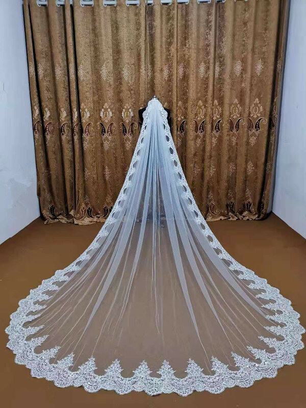 صور حقيقية 5 متر تألق الترتر الدانتيل كاتدرائية الحجاب الزفاف مع مشط 5 متر طويل الأبيض العاج الحجاب الزفاف اكسسوارات الزفاف