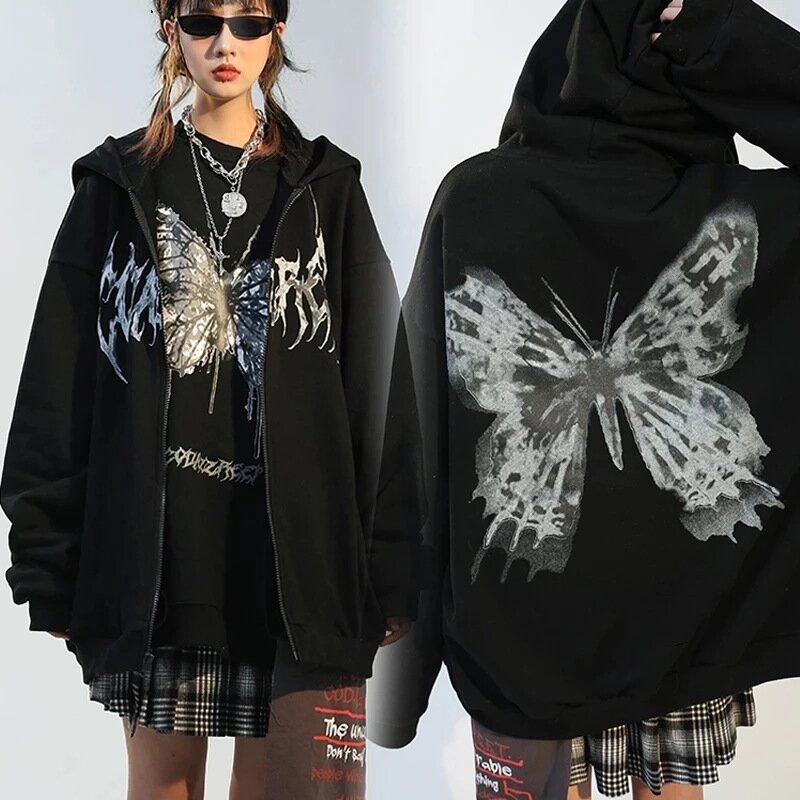 Goth Dark Butterfly Print Hoodies Jacket Y2K Women Punk Loose Zip Up Coat Autumn Hip Hop Hoody Harajuku Couple Streetwear