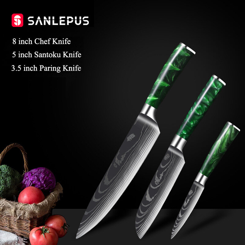 SANLEPUS سكين الطاهي 3 قطعة ياباني دمشق نمط الصلب المهنية سكاكين المطبخ Santoku الساطور سكّين متعدّد الاستخدامات أداة الطبخ