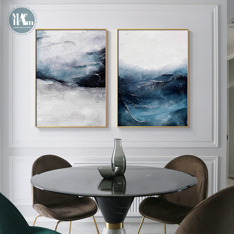 لوحة زيتية مع البحر الأزرق ، لوحة جدارية فنية تجريدية حديثة ، ملصق ، صورة مطبوعة لغرفة المعيشة ، الشرفة ، ديكور المنزل