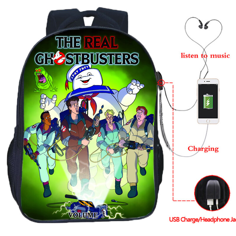 Ghostbusters USB حقيبة الظهر الطلاب بنين بنات المراهقين الكرتون أنيمي الحقائب المدرسية الاطفال حقيبة الظهر الرجال النساء السفر حقيبة الظهر