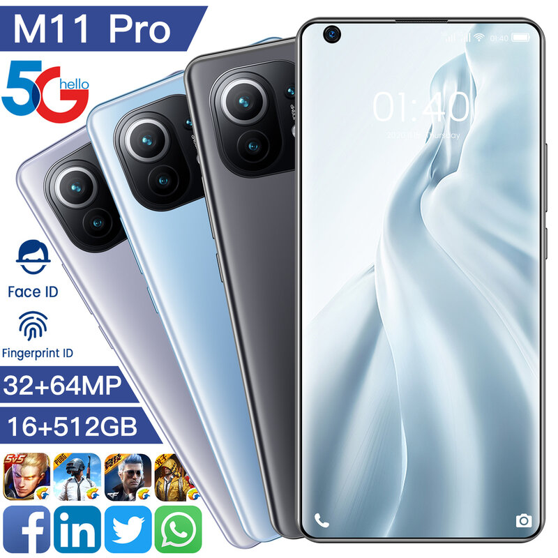جديد M11 Pro النسخة العالمية الهاتف الذكي 5G شبكة 7.3 بوصة شاشة HD Snapdragon 888 16G 512G 32MP 64MP كاميرا الوجه معرف لعبة وحدة المعالجة المركزية