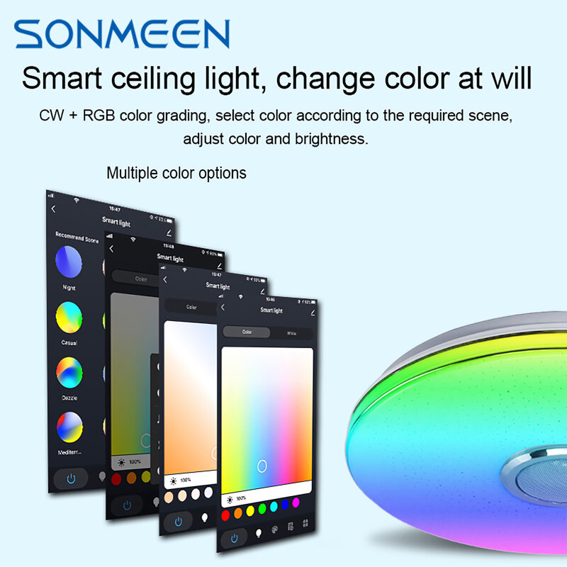 SONMEEN 36 واي فاي الحديثة الذكية مصباح LED للسقف مصباح RGB + عكس الضوء APP بلوتوث الموسيقى الرئيسية الخفيفة مع جهاز التحكم عن بعد