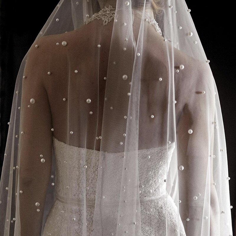 اللؤلؤ الأبيض العاجي طويل الحجاب الزفاف مع مشط طبقة واحدة كاتدرائية الزفاف مع فيلوس دي نويفا خرز كريستالي 3 متر