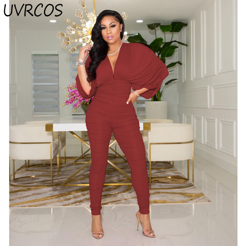 Casual Women Short Bat Sleeve Solid Color Deep V-neck Outfit Overalls Ruched  Tight Stretchy Jumpsuit 2021 New Female Outfits