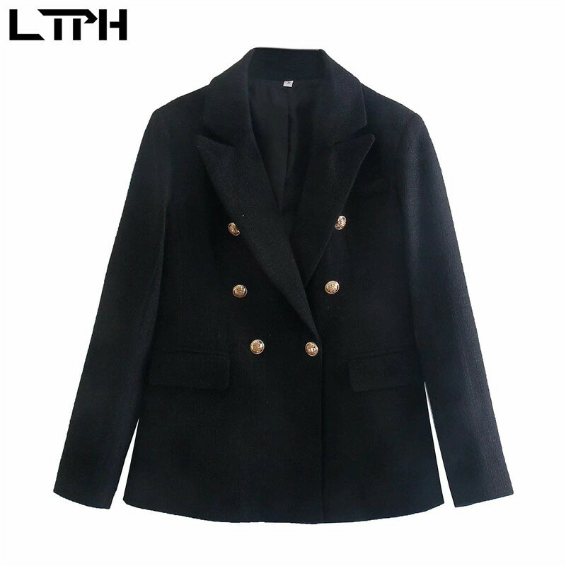 LTPH المرأة السترة خمر مزدوجة الصدر الصوفية سترة سوداء طويلة الأكمام معطف أنيق مكتب السيدات بليزرات 2022 ربيع جديد #1
