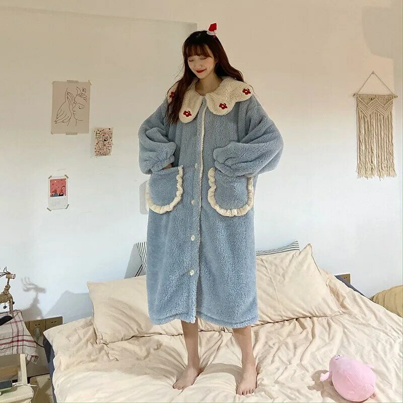 بيجامة امرأة شتاء جديد الكورية نمط لطيف سترة منامة ثوب النوم فضفاضة المرجان الصوف خدمة المنزل دعوى بيجامة مجموعة النساء