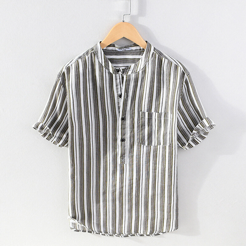 2021 جديد الرجال قمصان قميص كتان اليابانية الطازجة العمودي المشارب قمصان عادية قصيرة الأكمام قمصان للرجال