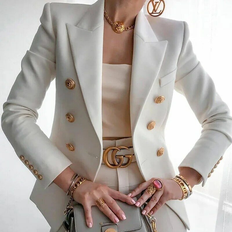 موضة الأعمال موحدة ملابس رسمية المرأة البدلة مزدوجة الصدر سترة ركاب بدلة بيضاء جاكيت بدلة بدلة قطعة OL1 الإناث