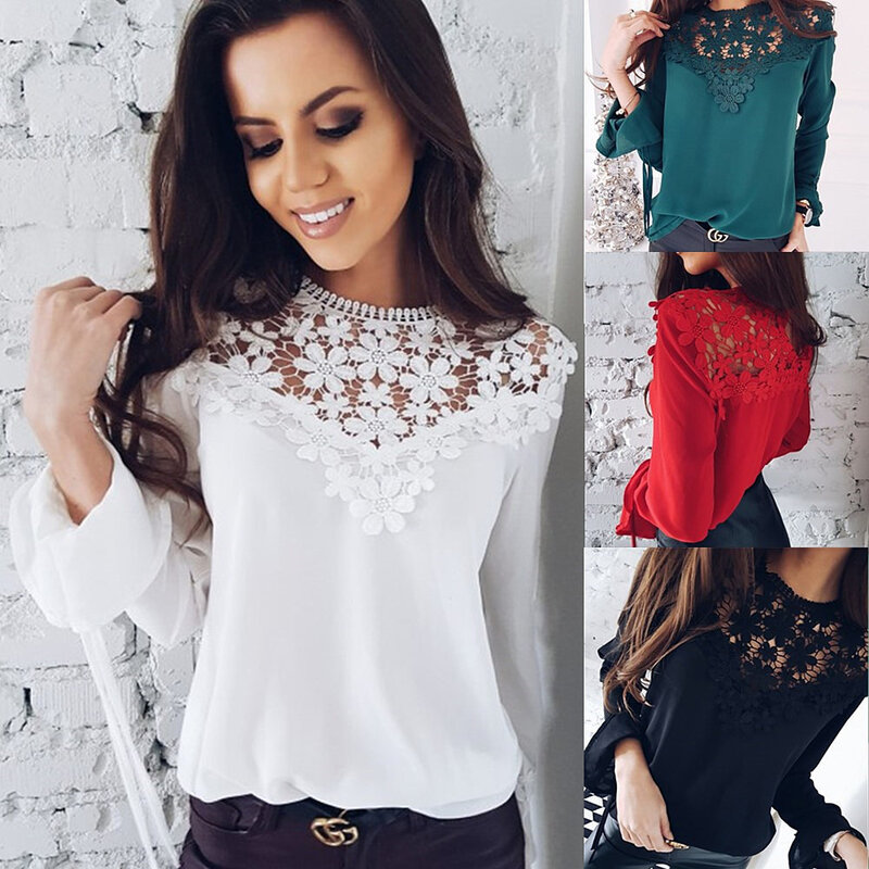 New Spring and Summer Lace Chiffon Shirt Top Long Sleeve Lace Top Splicing Long Sleeve Chiffon Shirt Top