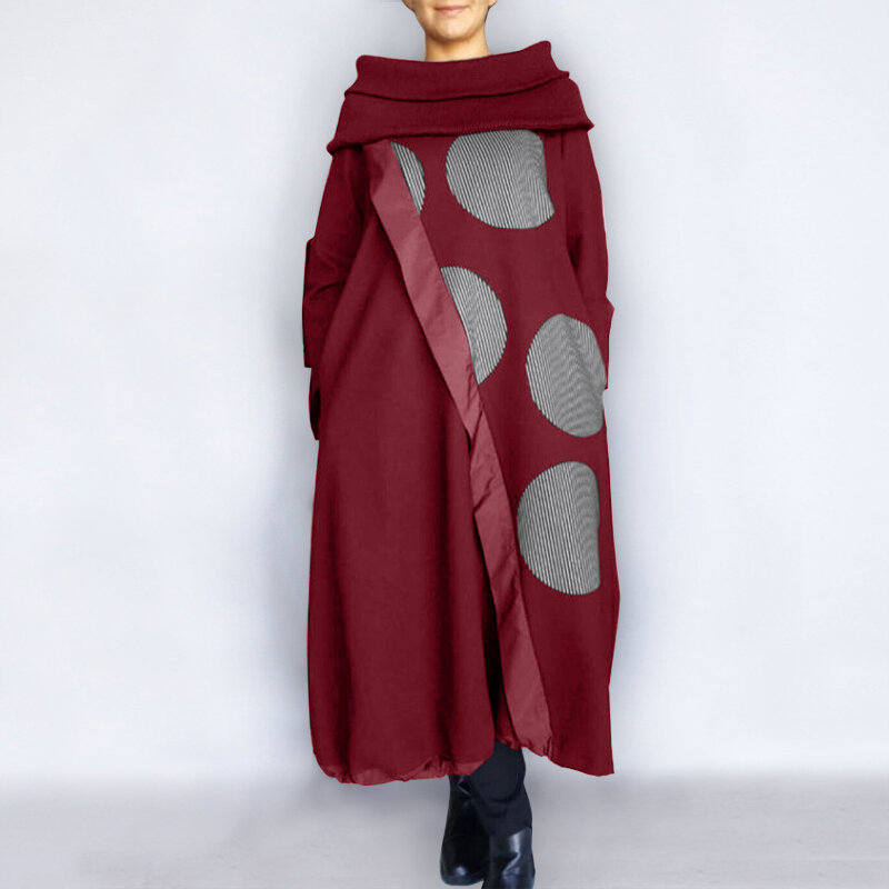 الخريف فستان فوندا 2021 عادية عالية الرقبة خمر البولكا نقطة ملابس منقوشة بكم طويل فساتين الدافئة رداء فضفاض Vestidos فام