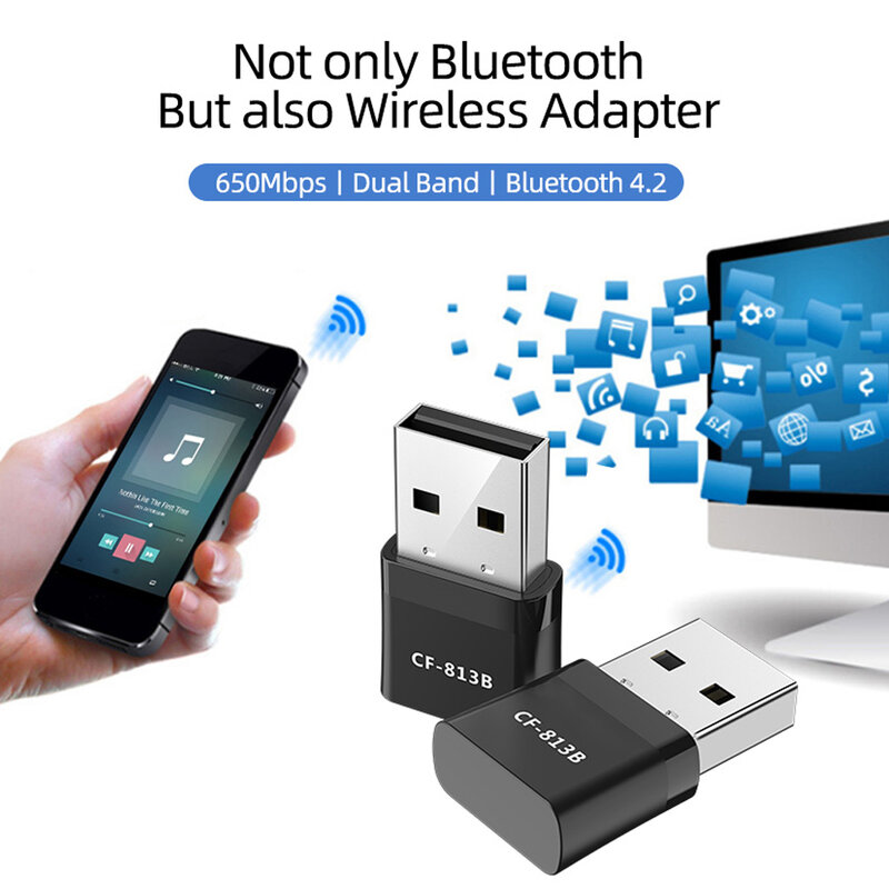 جديد 650Mbps البسيطة لاسلكي واي فاي محول Bluetooth4.2 USB المزدوج الفرقة شبكة بطاقة RTL8821CU 2.4 + 5.8G الأسود wifi محول ac للكمبيوتر