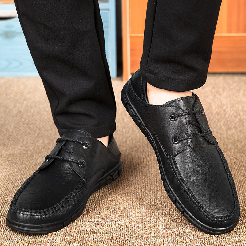 موضة الرجال حذاء كاجوال ربيع جديد الرجال الشقق الدانتيل يصل Zapatillas Hombre جلد أكسفورد الرجال أحذية من الجلد الأسود لينة أسفل * #3