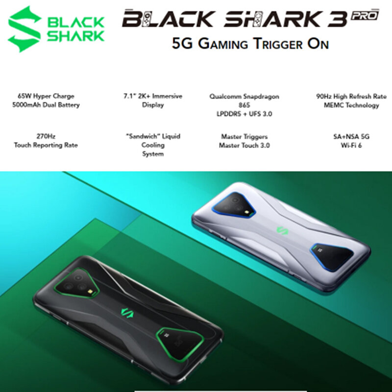هاتف الألعاب الذكي العالمي Rom Black Shark 3 Pro 5G 8GB RAM 256GB ROM سنابدراجون 865 5000mAh 7.1 "64MP 5G Game الهاتف المحمول