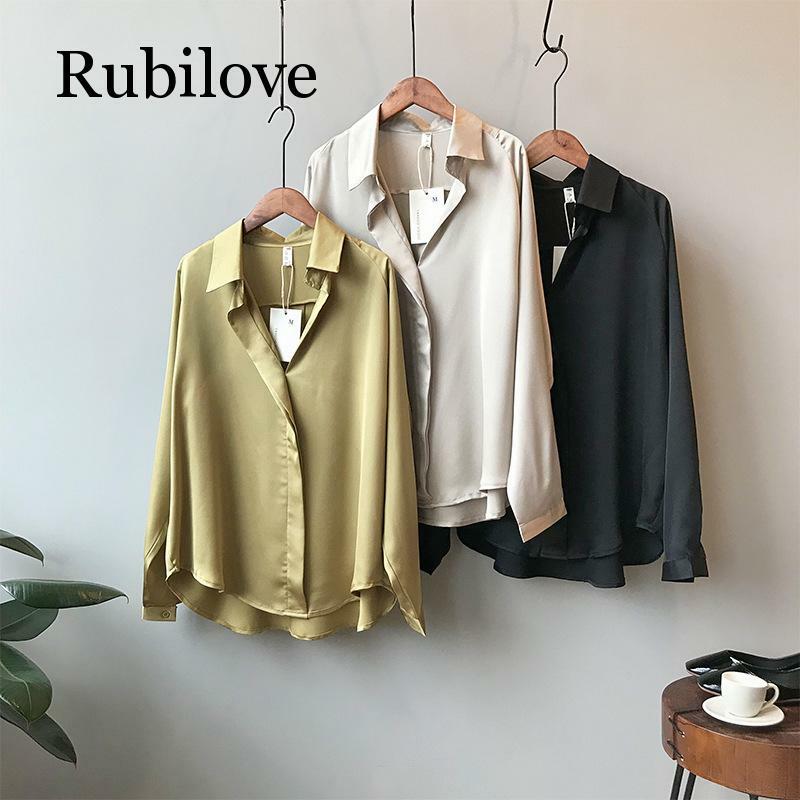 Rubilove-قميص ساتان نسائي بأكمام طويلة ، نمط مزاج جديد ، غير رسمي ، فضفاض ، لون عادي ، ربيع 2019