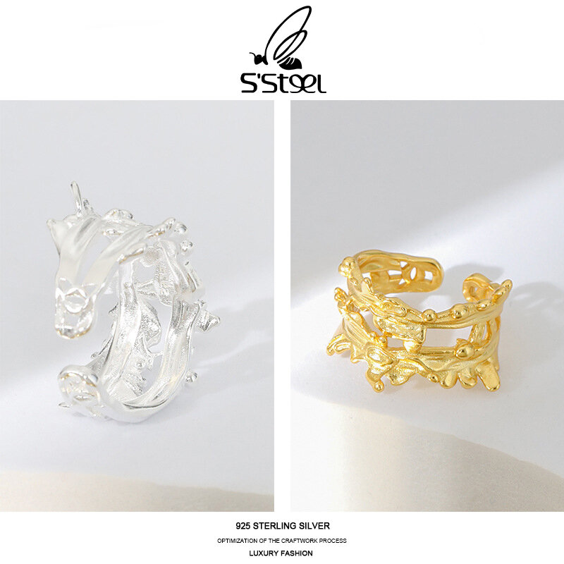 S'STEEL-خاتم من الفضة الإسترليني بتصميم غير منتظم للنساء ، خاتم قابل للتعديل ، 925 فضة استرلينية ، لون ذهبي ، تصميم بسيط ، جوهرة فاخرة ، 925