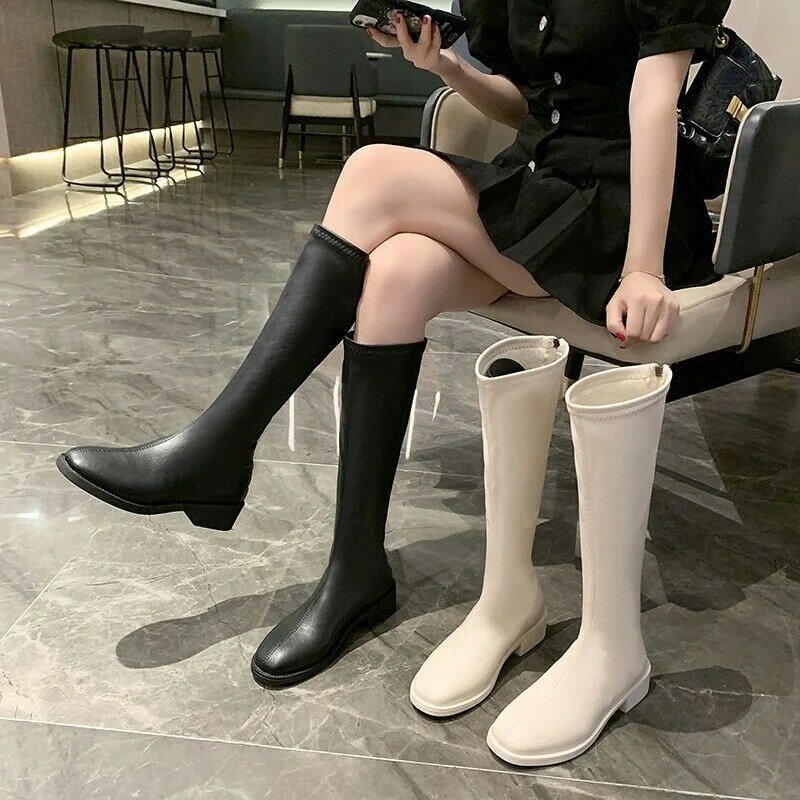 2021 جديد جلد النساء حذاء برقبة للركبة ساحة تو البريدي الأحذية منخفضة الكعب الإناث ركوب التمهيد امرأة طويلة الأحذية