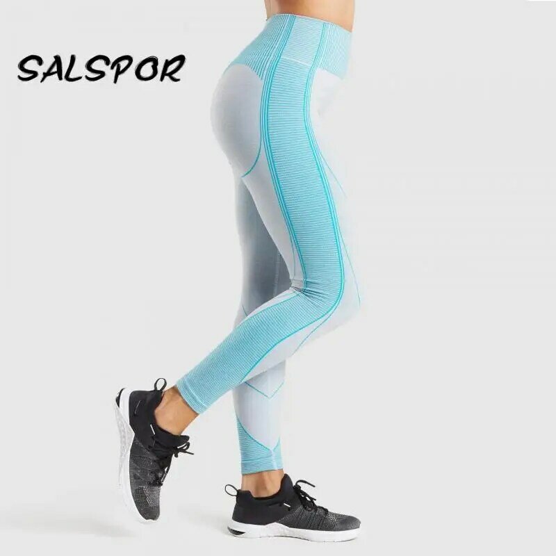 SALSPOR سلس اللياقة البدنية النساء طماق الرياضة الأزرق تجريب دفع ما يصل يغطي الرجل فام ممارسة الملابس سراويل رياضية الغنيمة رفع